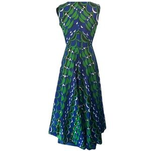 Vintage Lily Lynn Green Blue Geometric Mod Print Polyester Knit Dress XS/S